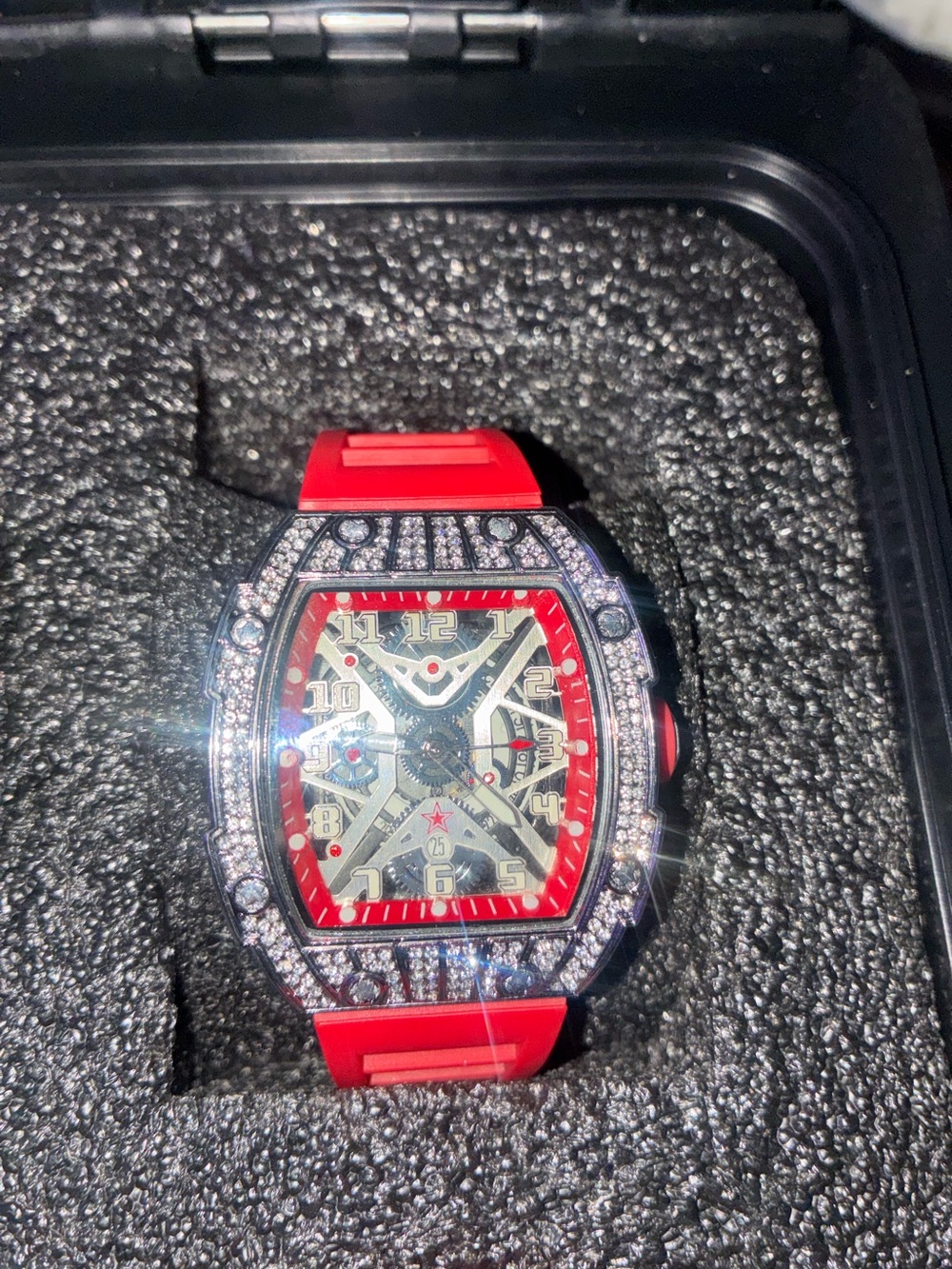 Red Diamond Bezel Skeleton Dial Men's Sport Watch